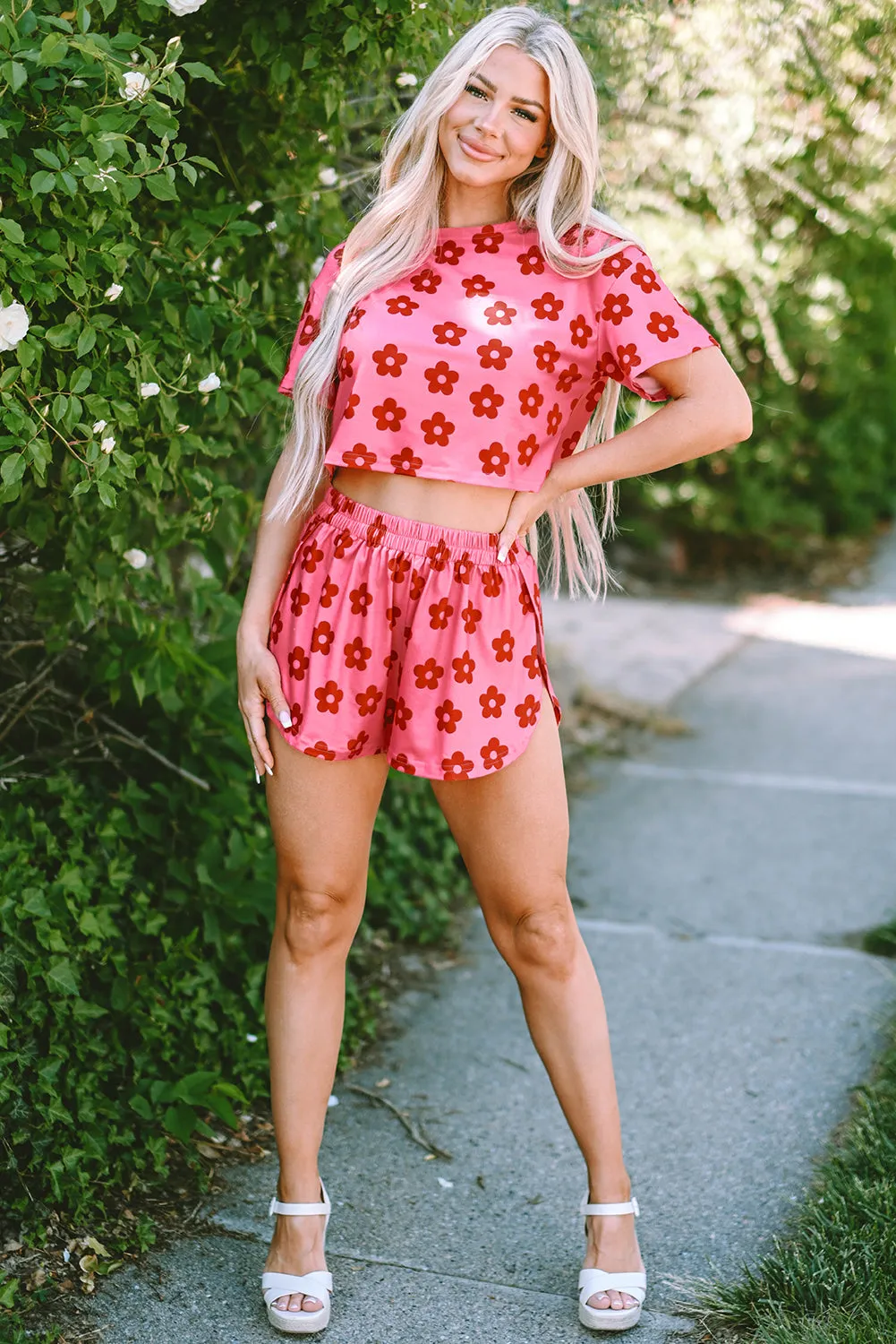 Rose Floral Print Crop Tee and Shorts Lounge Set