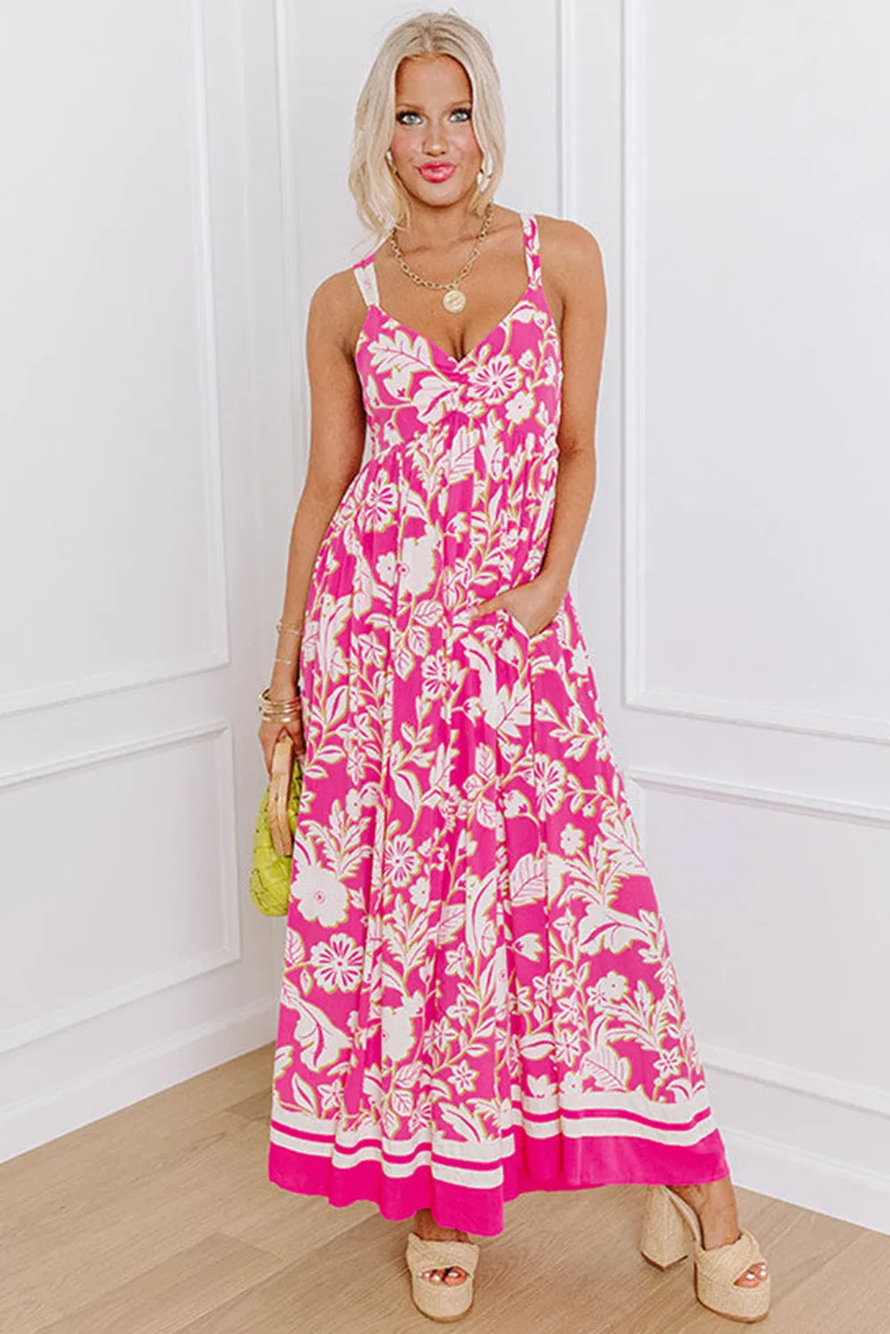 Rose Floral V Neck Crisscross Backless Maxi Dress