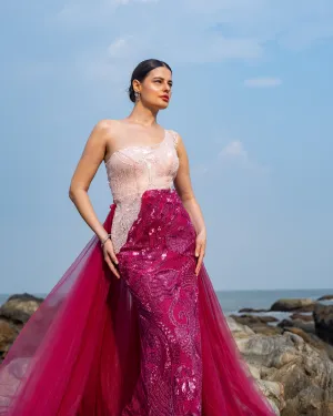 Rose Royal Dual Tone Net Gown With Trail