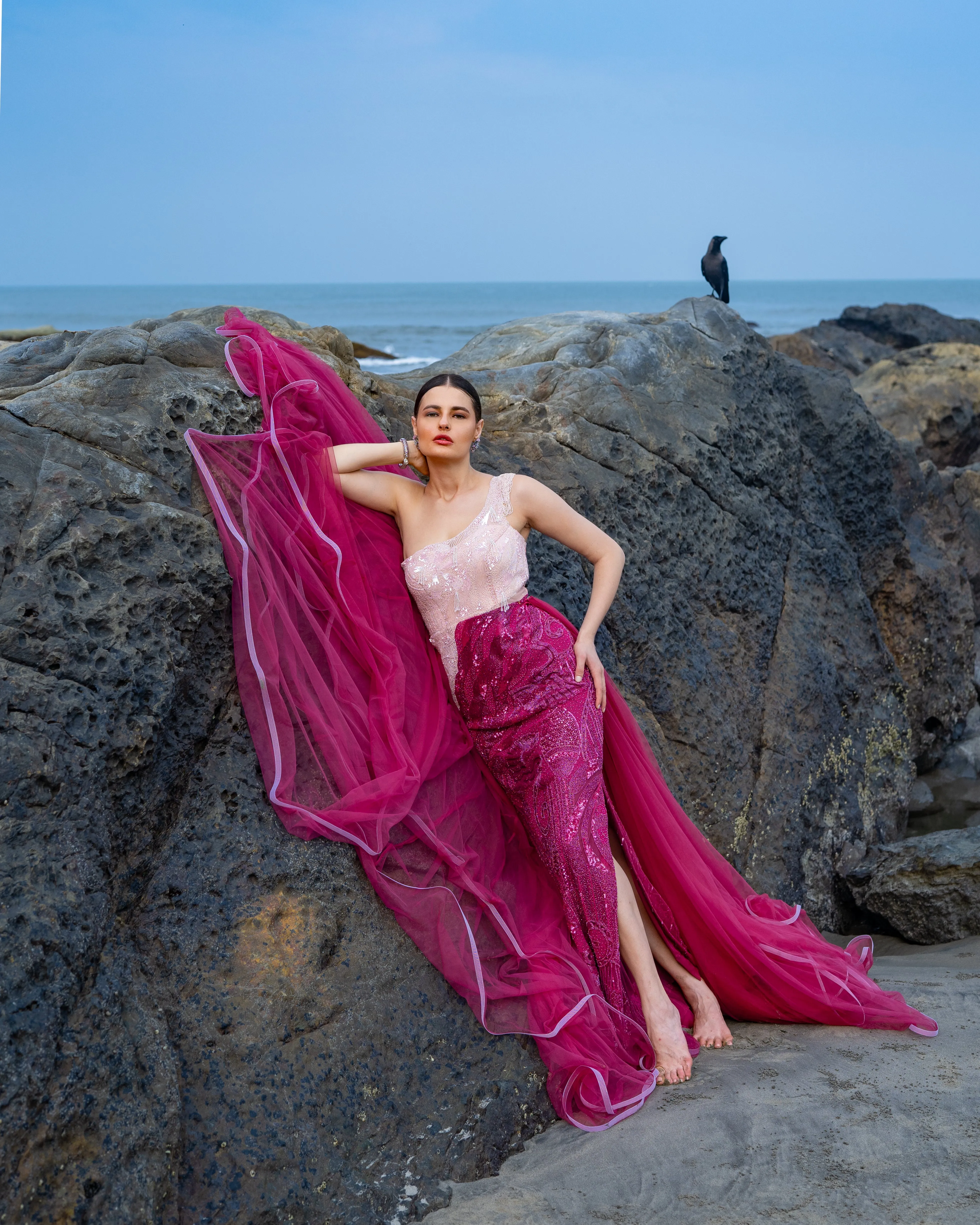 Rose Royal Dual Tone Net Gown With Trail