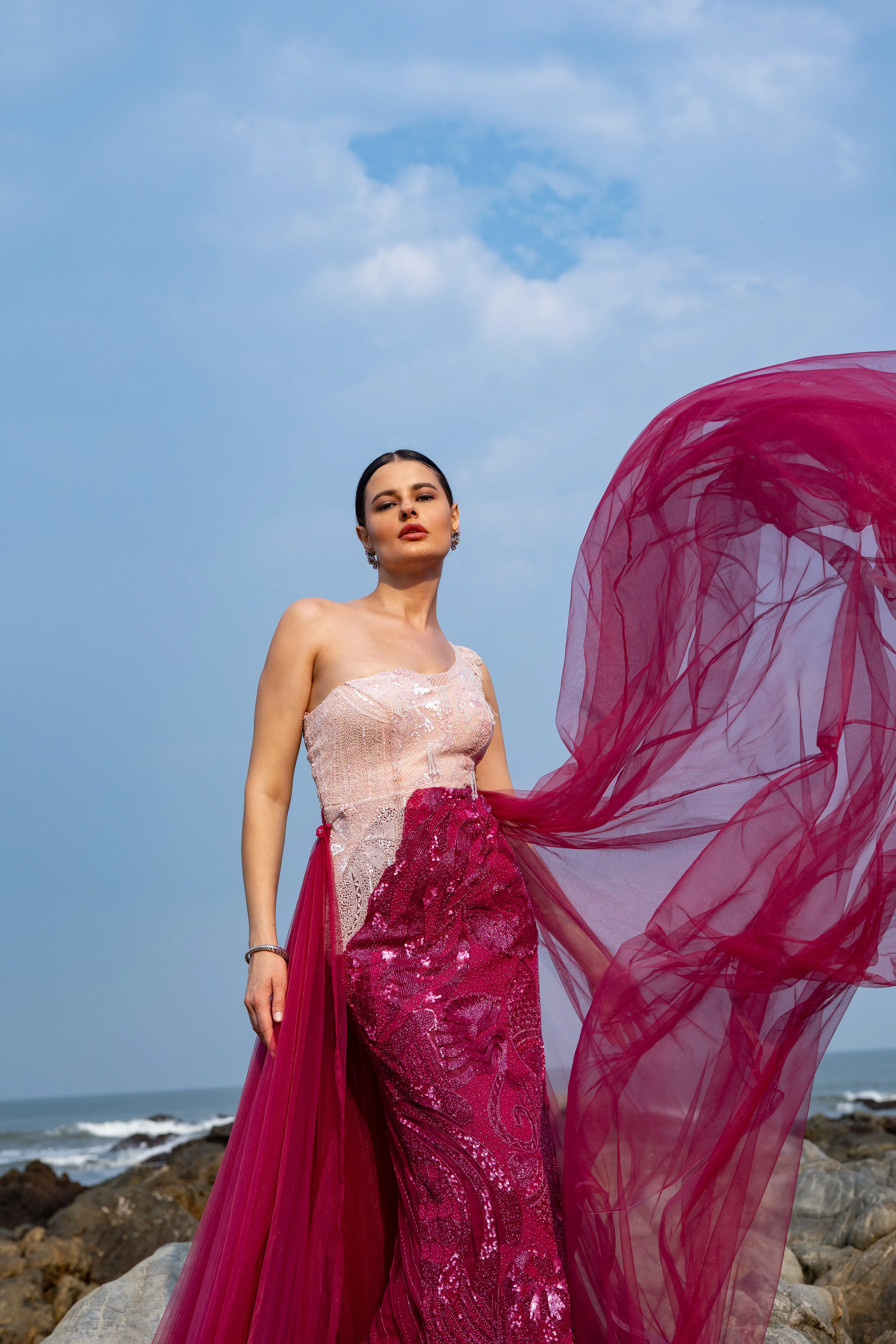 Rose Royal Dual Tone Net Gown With Trail