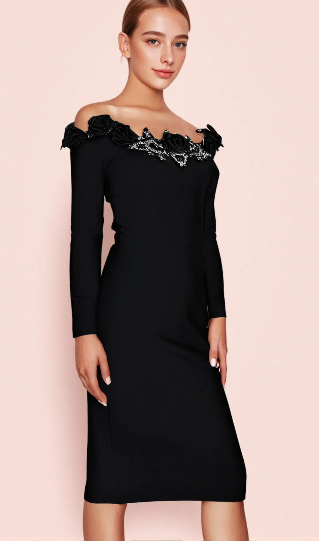 RUBIDES DIAMOND BANDAGE MIDI DRESS IN BLACK