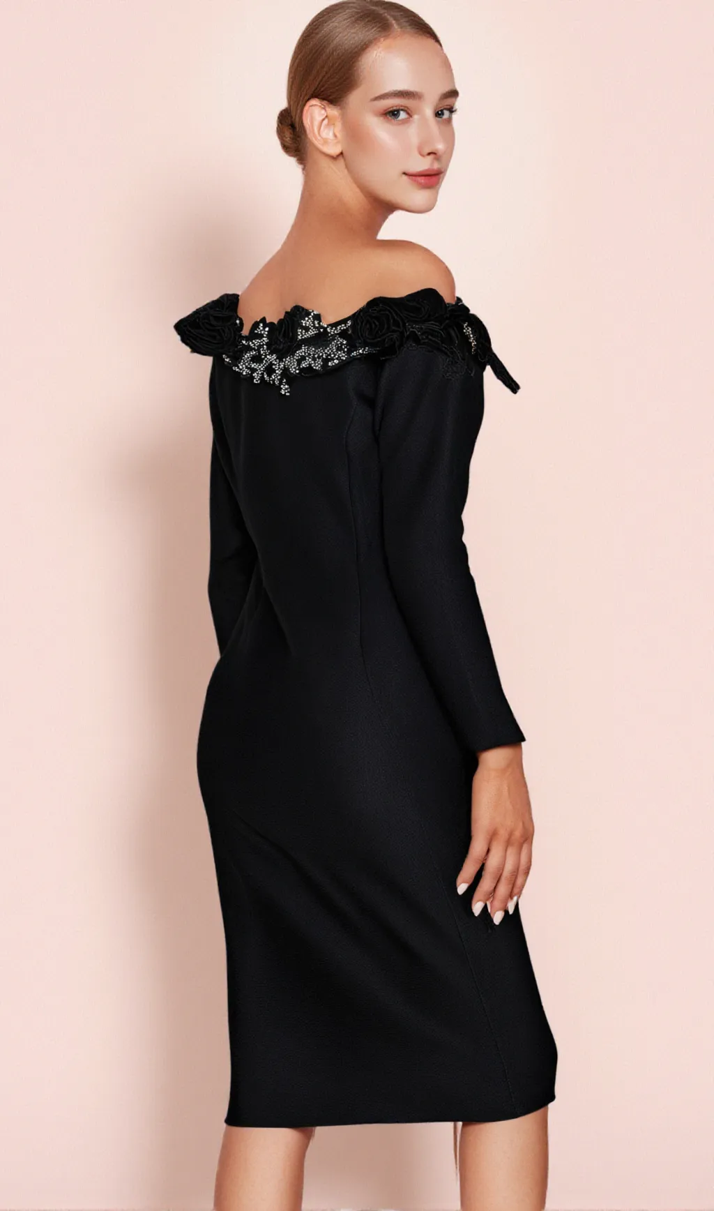 RUBIDES DIAMOND BANDAGE MIDI DRESS IN BLACK