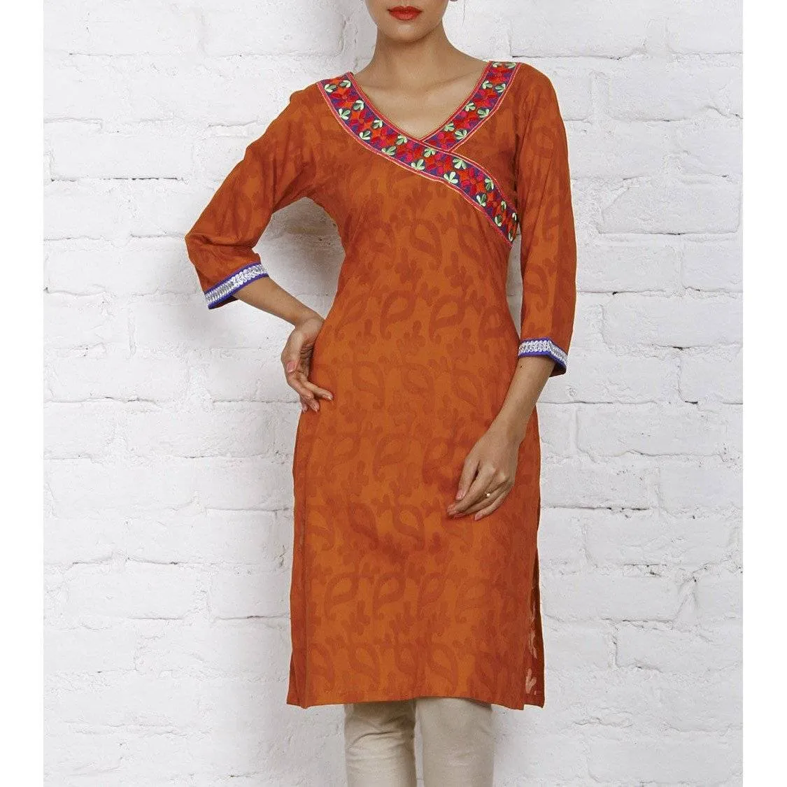 Rust Cotton Jacquard Kurti
