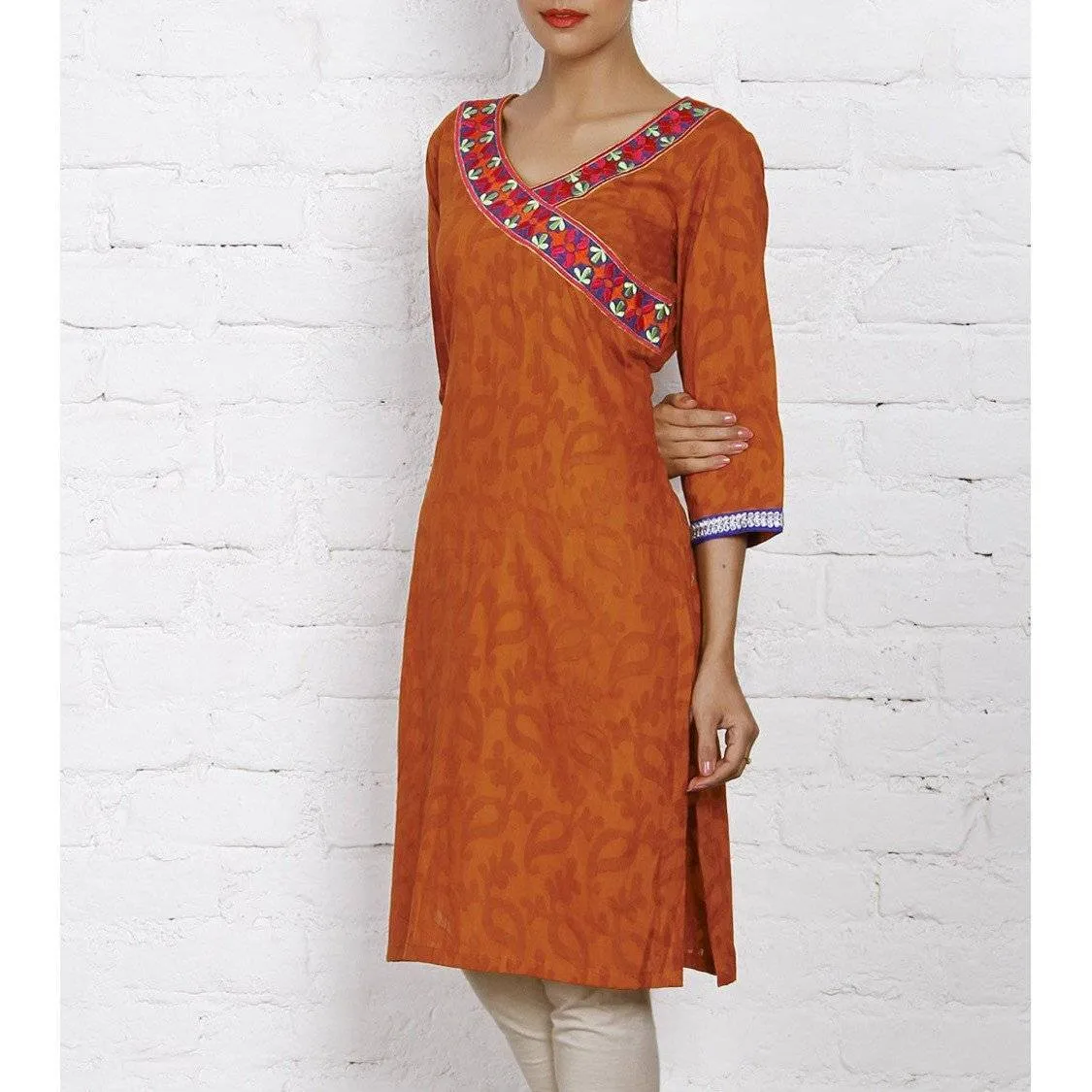 Rust Cotton Jacquard Kurti