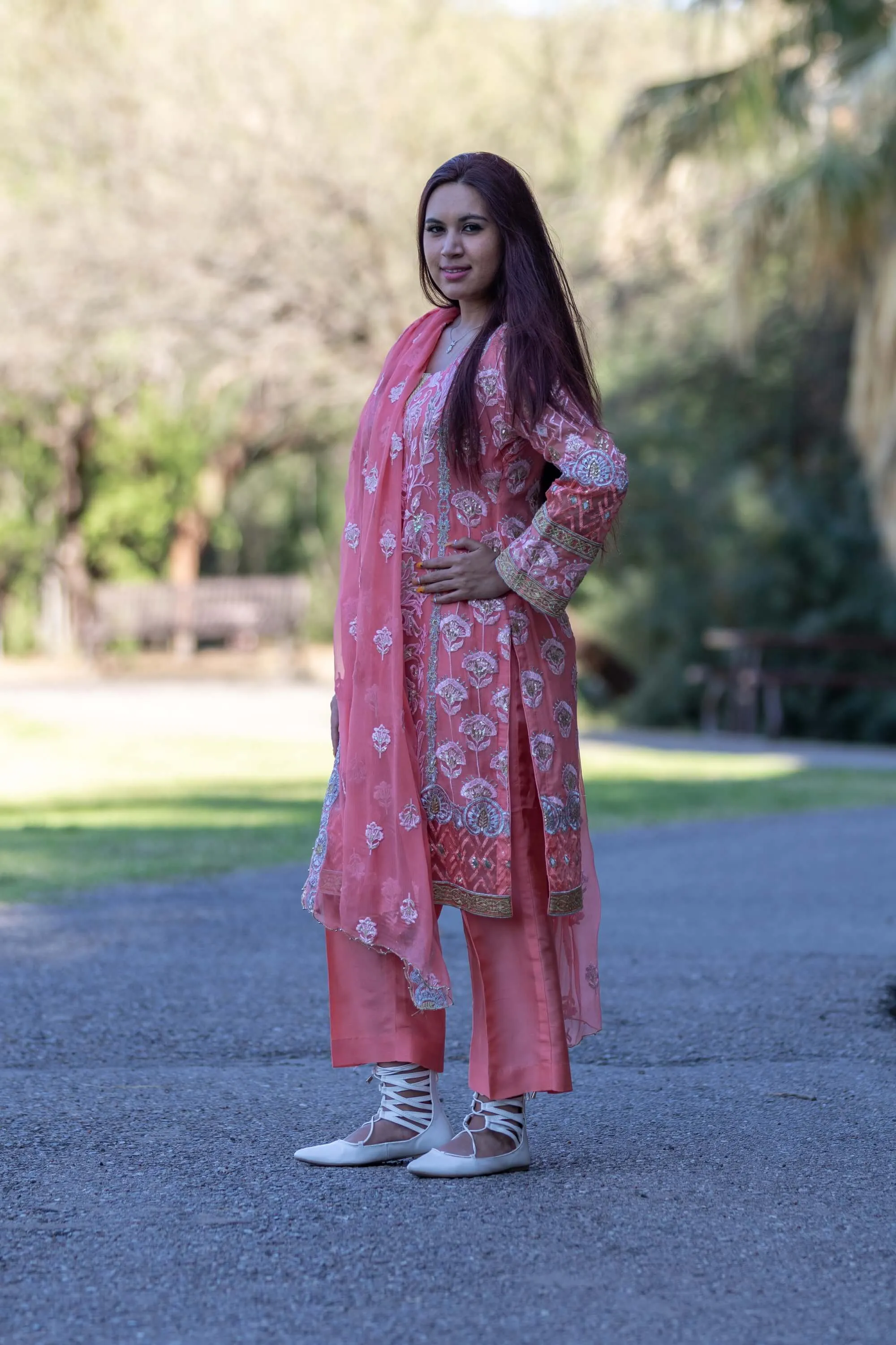 Salmon Pink Chiffon Embroidered Suit-Salwar Kameez