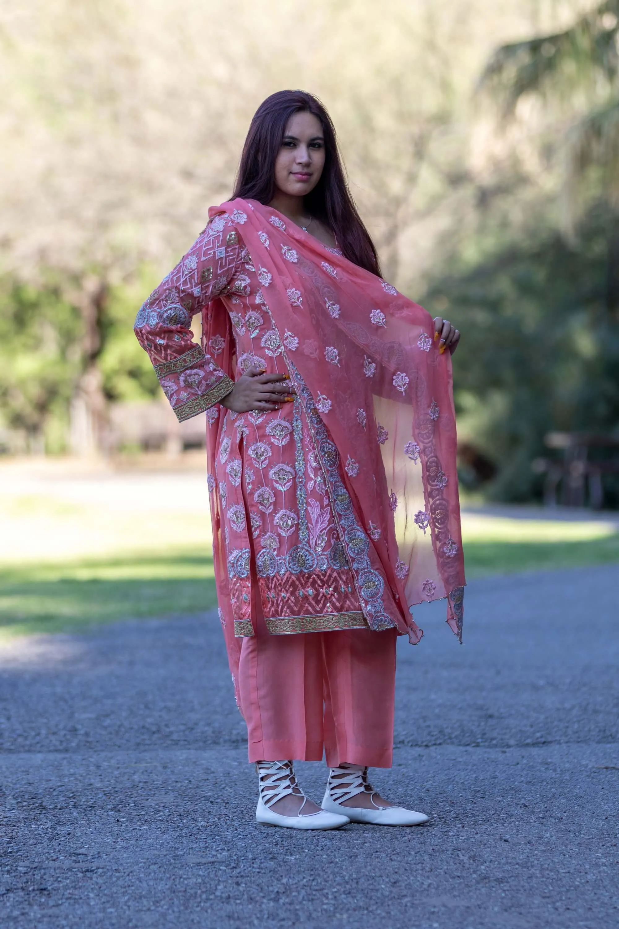 Salmon Pink Chiffon Embroidered Suit-Salwar Kameez