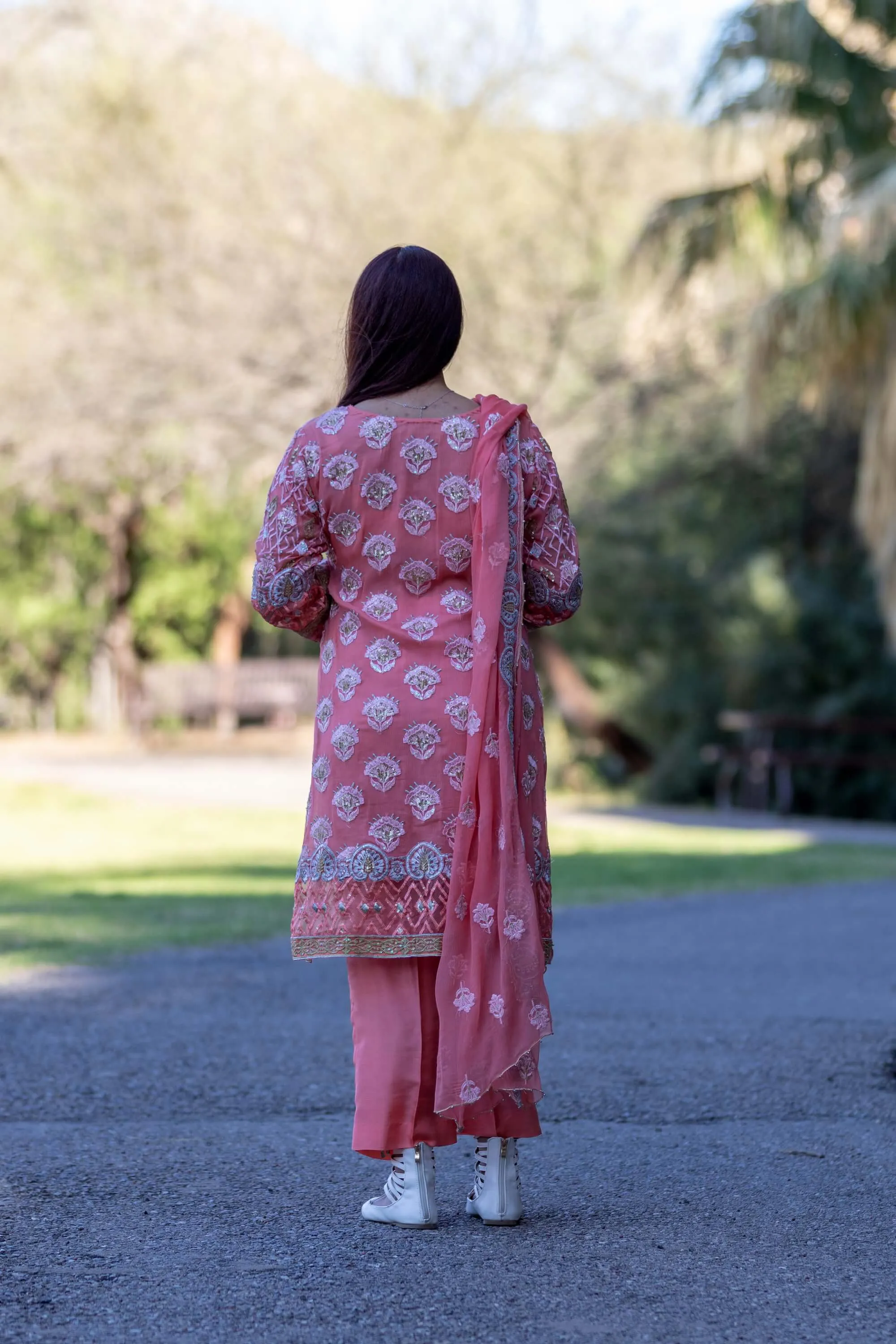 Salmon Pink Chiffon Embroidered Suit-Salwar Kameez