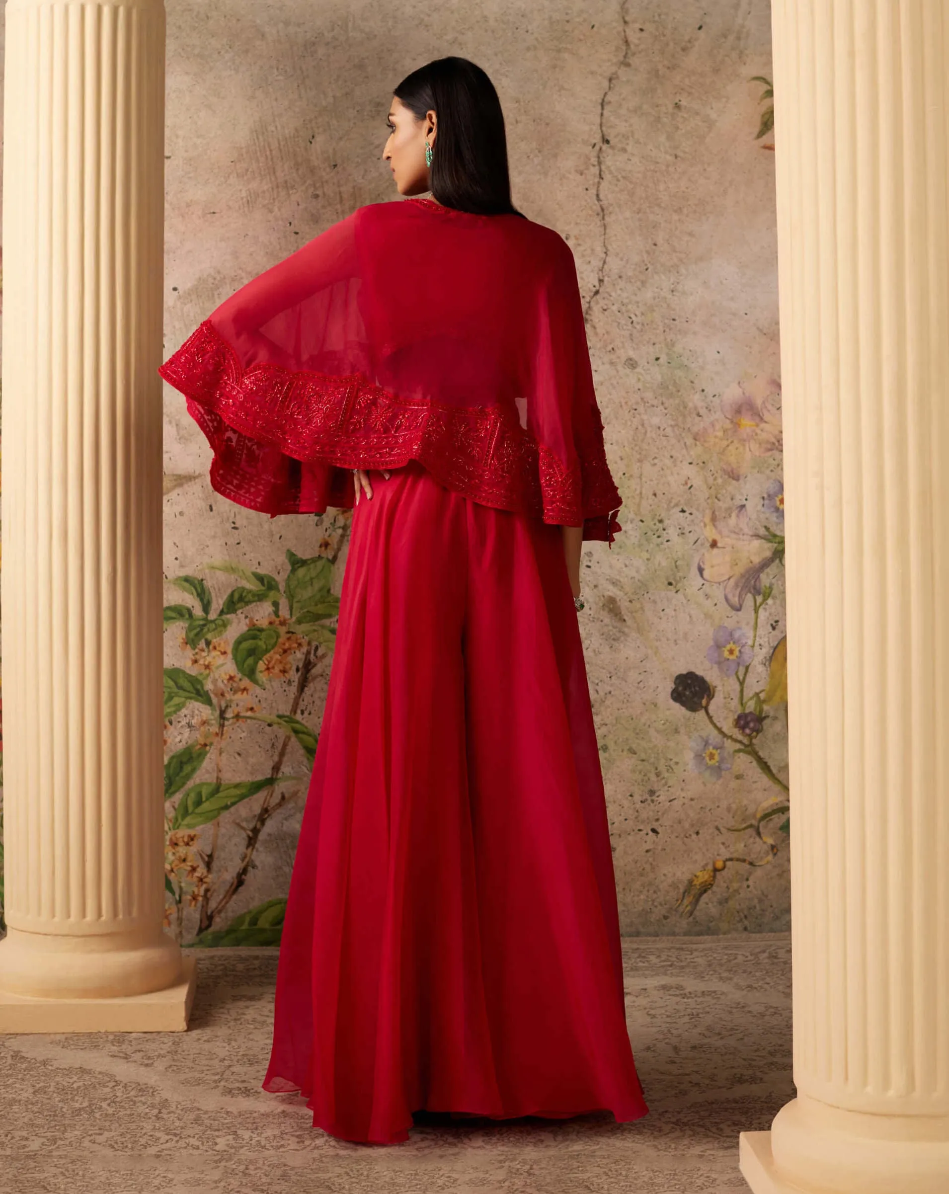 Sashay Red Cape And Sharara Set