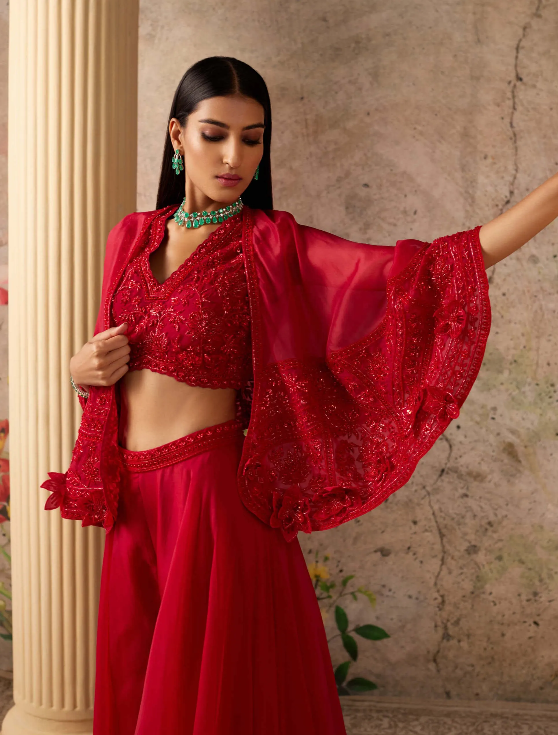 Sashay Red Cape And Sharara Set