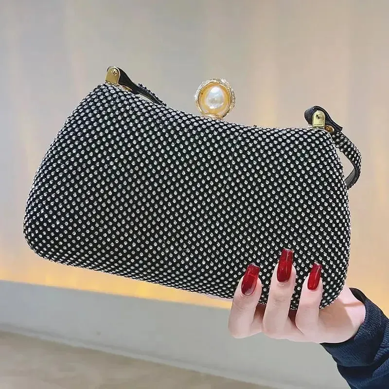 Satchel Metal Double Chain Hand Party Stylish Ladies Luxury Clutch Rhinestone Mesh Evening Clutch Bag