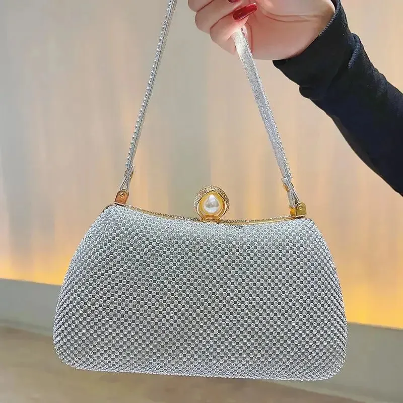 Satchel Metal Double Chain Hand Party Stylish Ladies Luxury Clutch Rhinestone Mesh Evening Clutch Bag