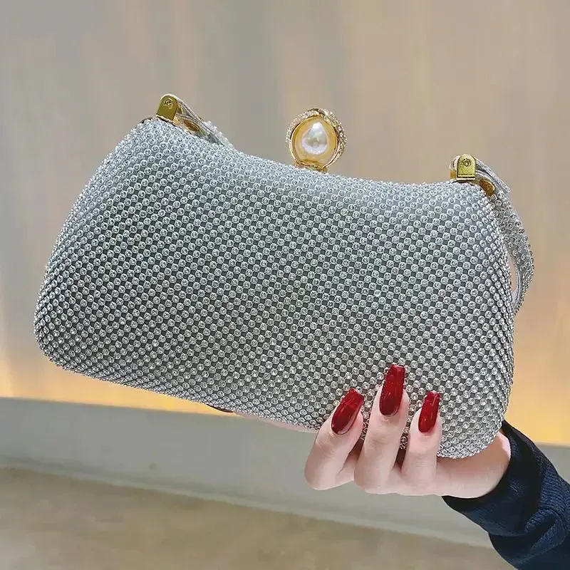 Satchel Metal Double Chain Hand Party Stylish Ladies Luxury Clutch Rhinestone Mesh Evening Clutch Bag