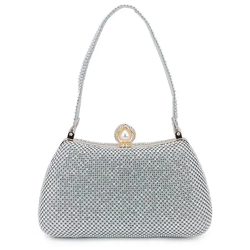 Satchel Metal Double Chain Hand Party Stylish Ladies Luxury Clutch Rhinestone Mesh Evening Clutch Bag