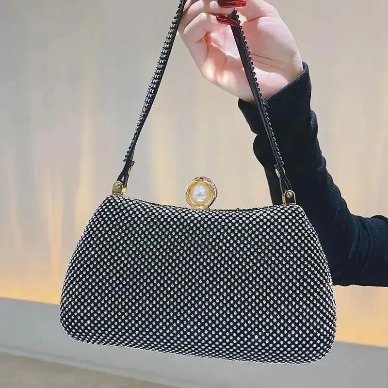 Satchel Metal Double Chain Hand Party Stylish Ladies Luxury Clutch Rhinestone Mesh Evening Clutch Bag