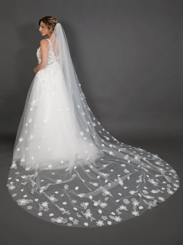Scattered Flowers & Crystals 108" x 90" Ivory Cathedral Veil