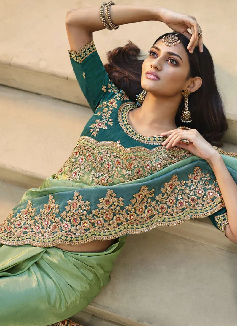 Sea Green Embroidered Party Wear Saree