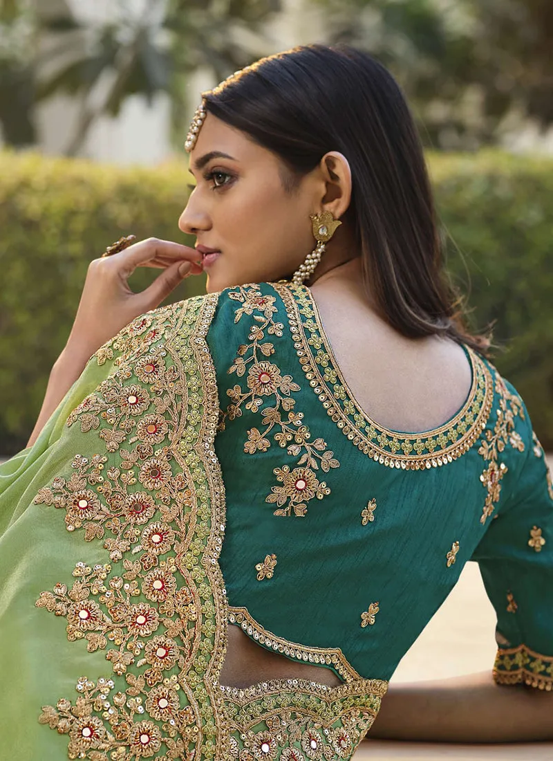 Sea Green Embroidered Party Wear Saree