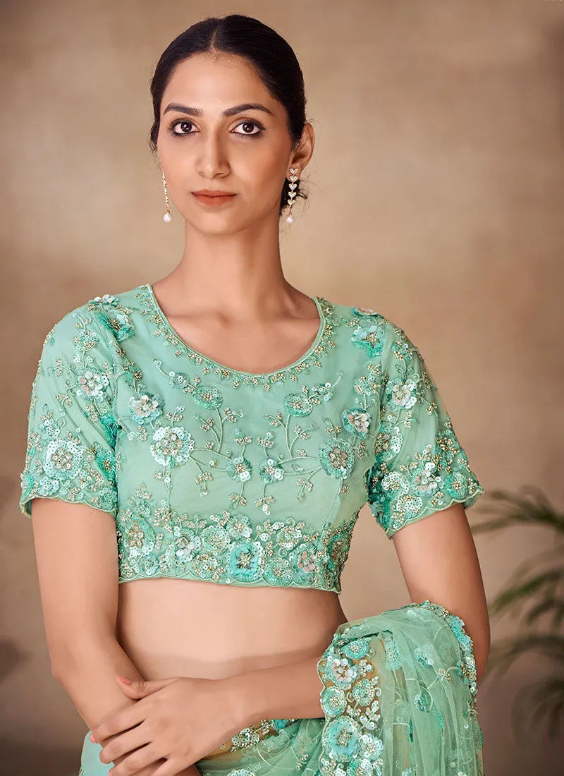 Sea Green Sequence Embroidery Party Wear Saree