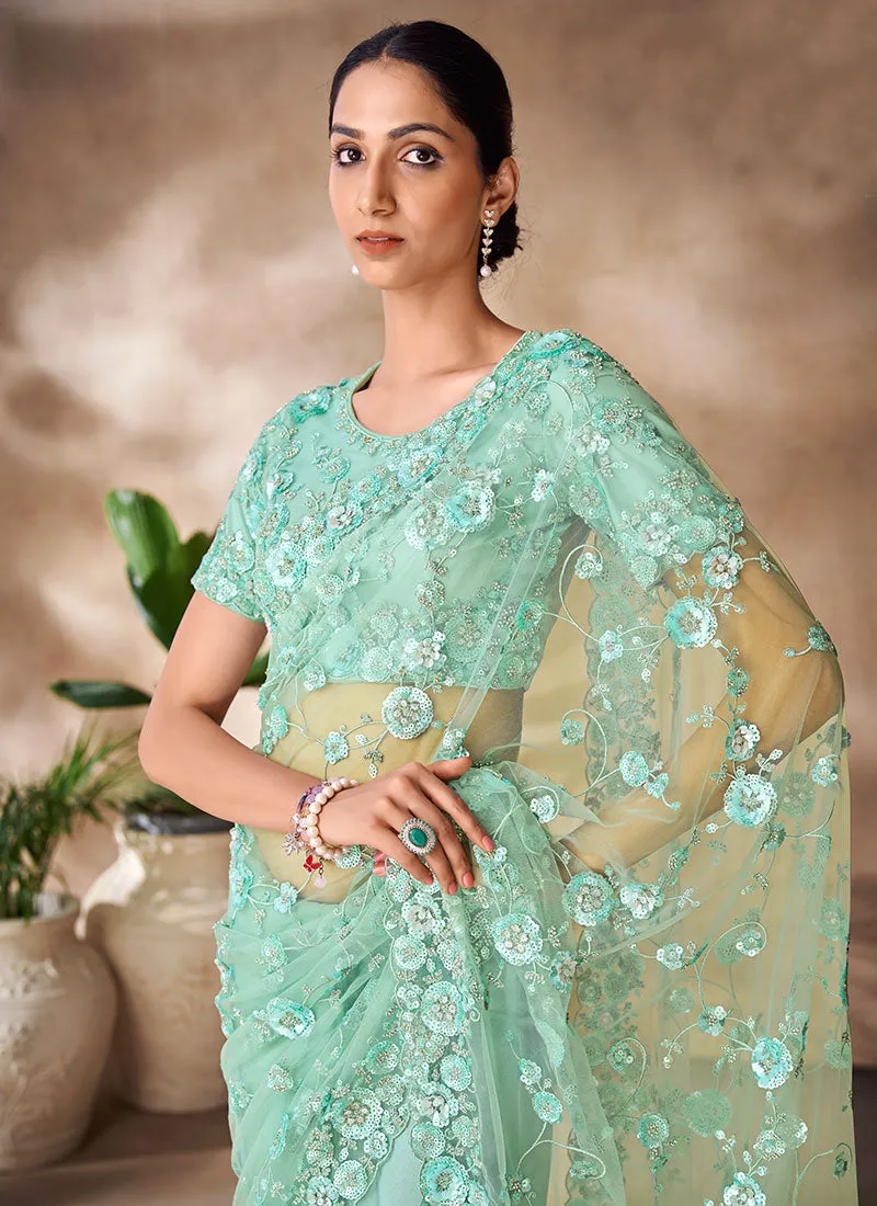 Sea Green Sequence Embroidery Party Wear Saree