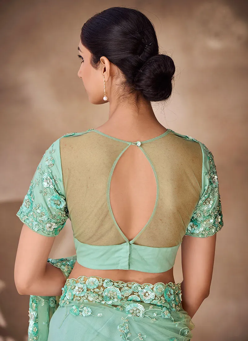 Sea Green Sequence Embroidery Party Wear Saree
