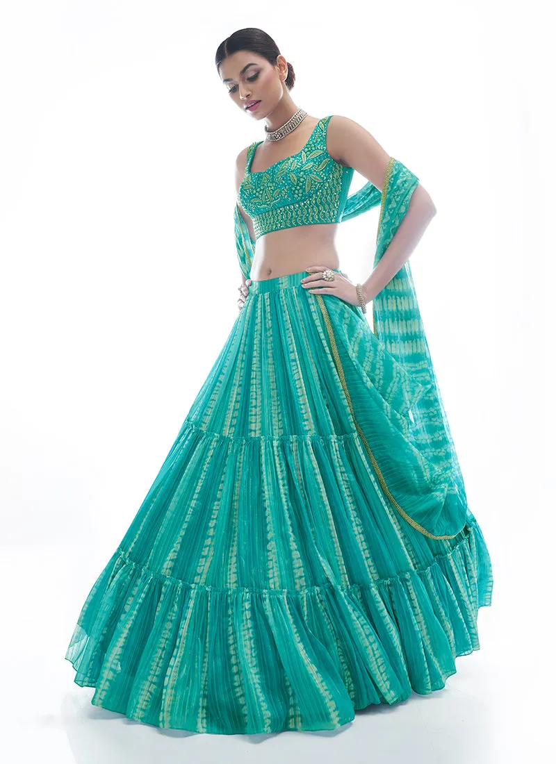 Sea Green Tie Dye Embroidered Designer Lehenga Choli