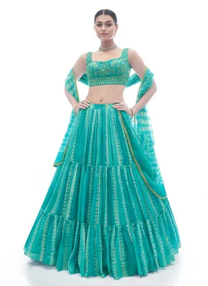Sea Green Tie Dye Embroidered Designer Lehenga Choli