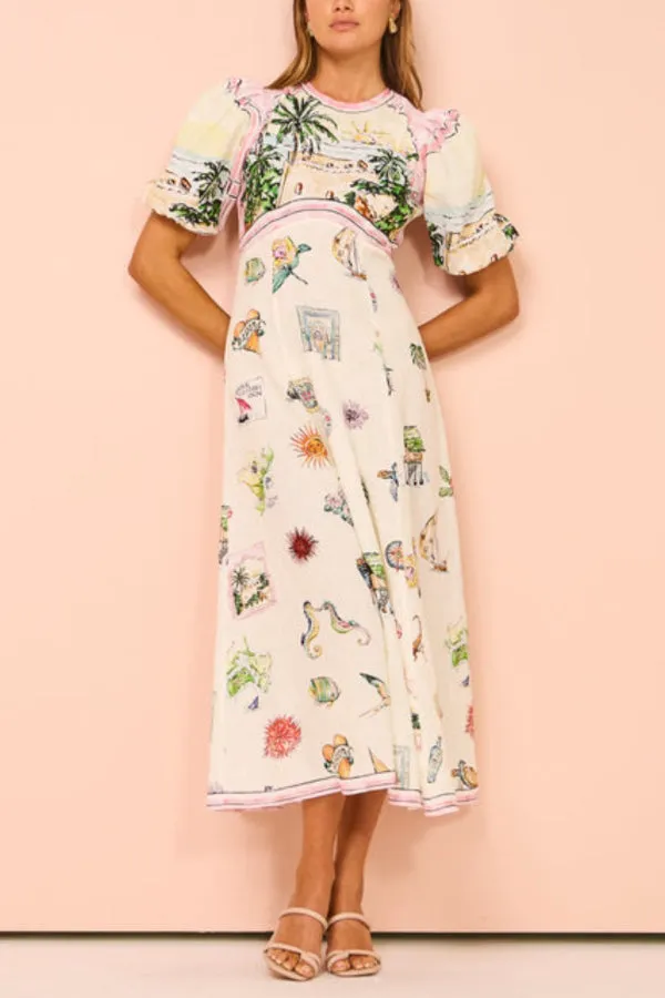 Seaside Town Graffiti Print Maxi Dress