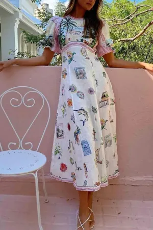 Seaside Town Graffiti Print Maxi Dress