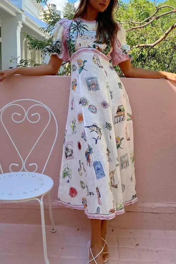 Seaside Town Graffiti Print Maxi Dress