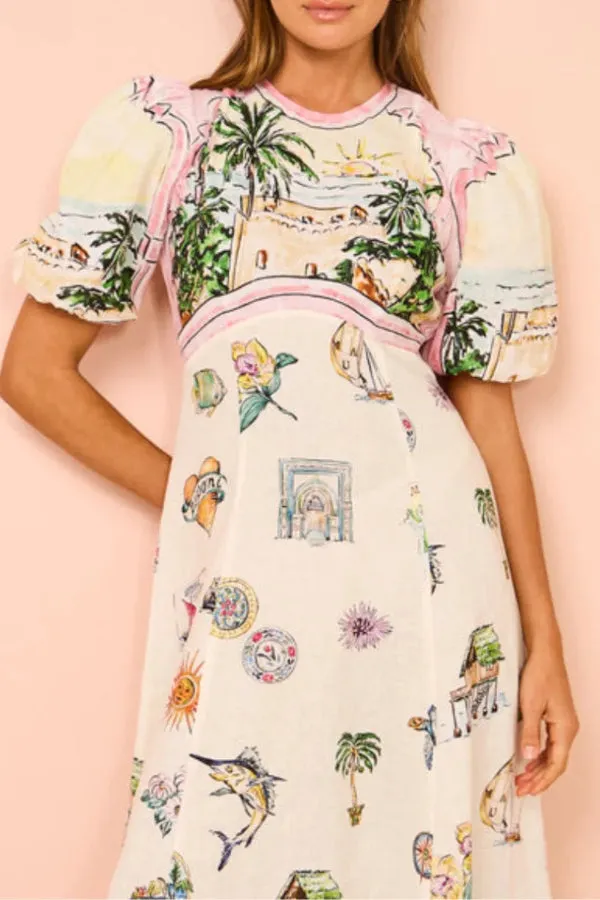 Seaside Town Graffiti Print Maxi Dress