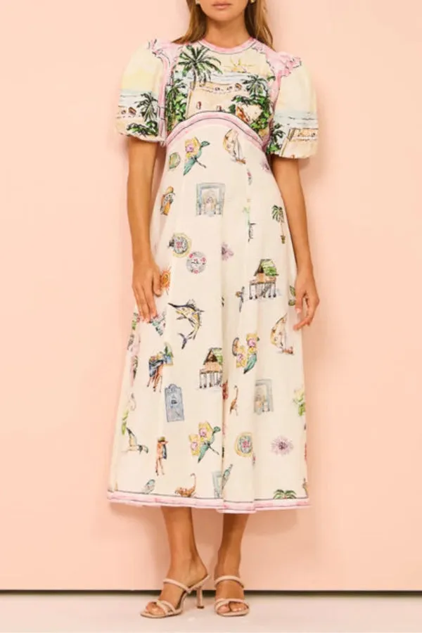 Seaside Town Graffiti Print Maxi Dress