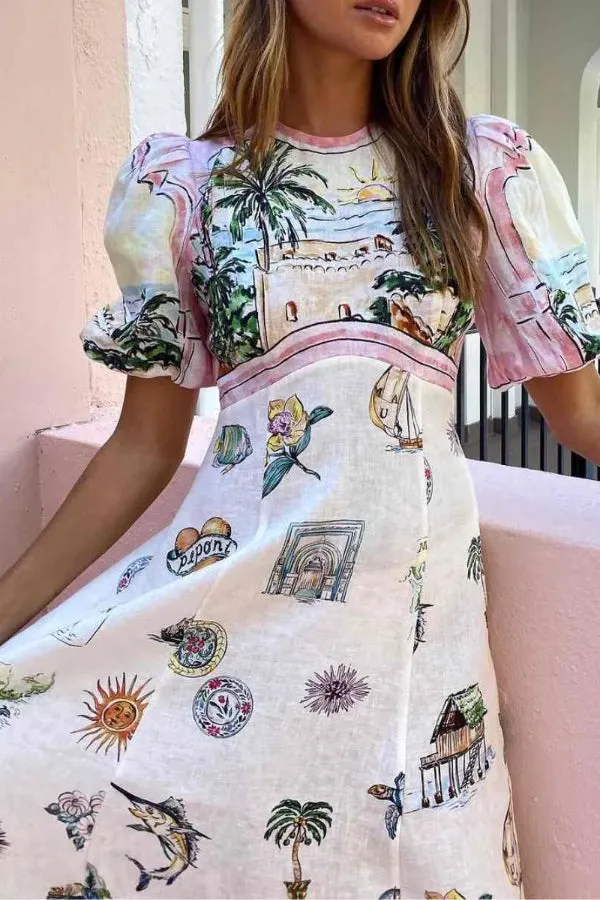 Seaside Town Graffiti Print Maxi Dress