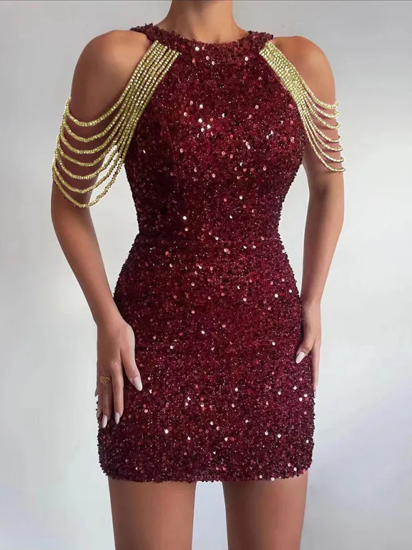 Sequin Bodycon Mini Dress with Chain Bead Embellishments