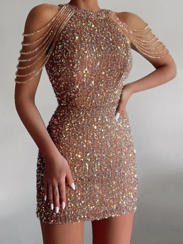 Sequin Bodycon Mini Dress with Chain Bead Embellishments