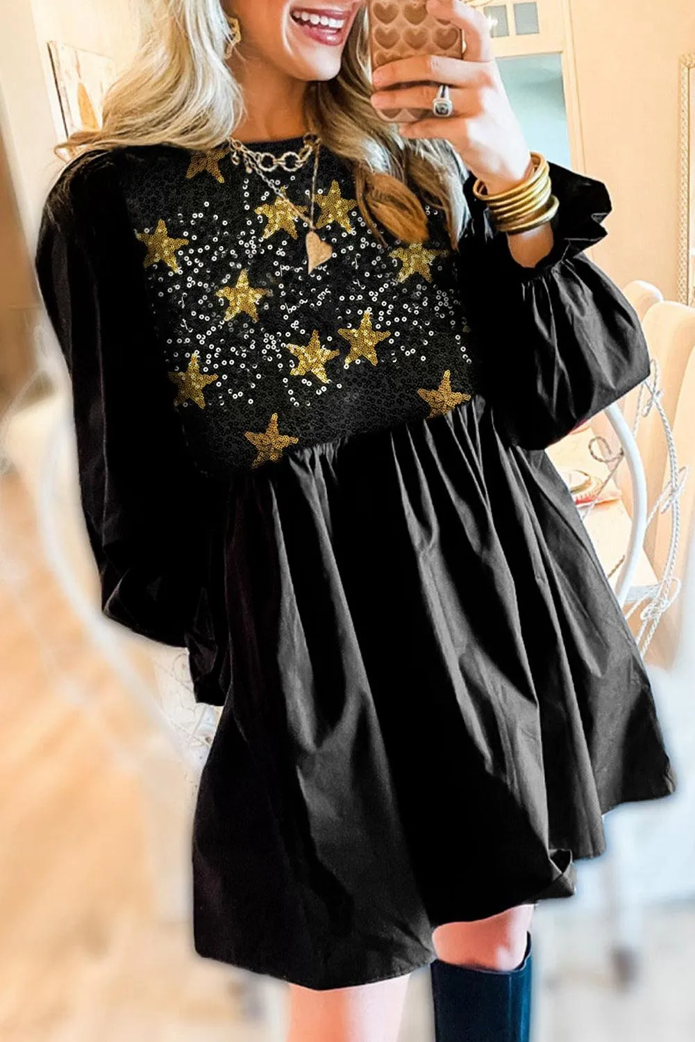 Sequined Stars Flounce Sleeve Babydoll Dress