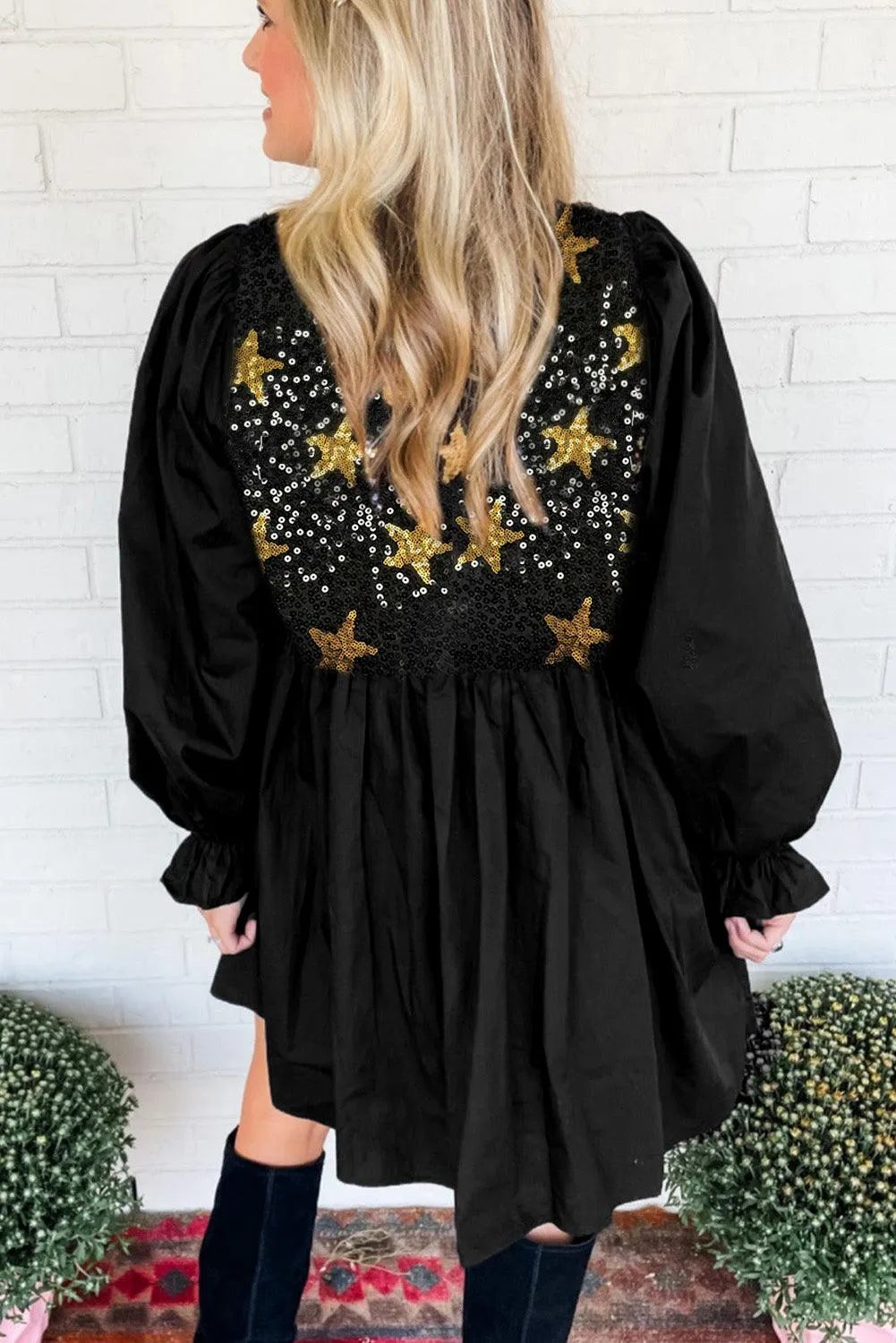 Sequined Stars Flounce Sleeve Babydoll Dress