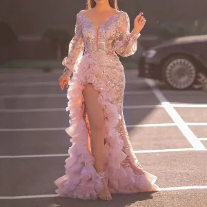 Sequins Long Sleeve Ruffle Design Tulle Train Evening Dress