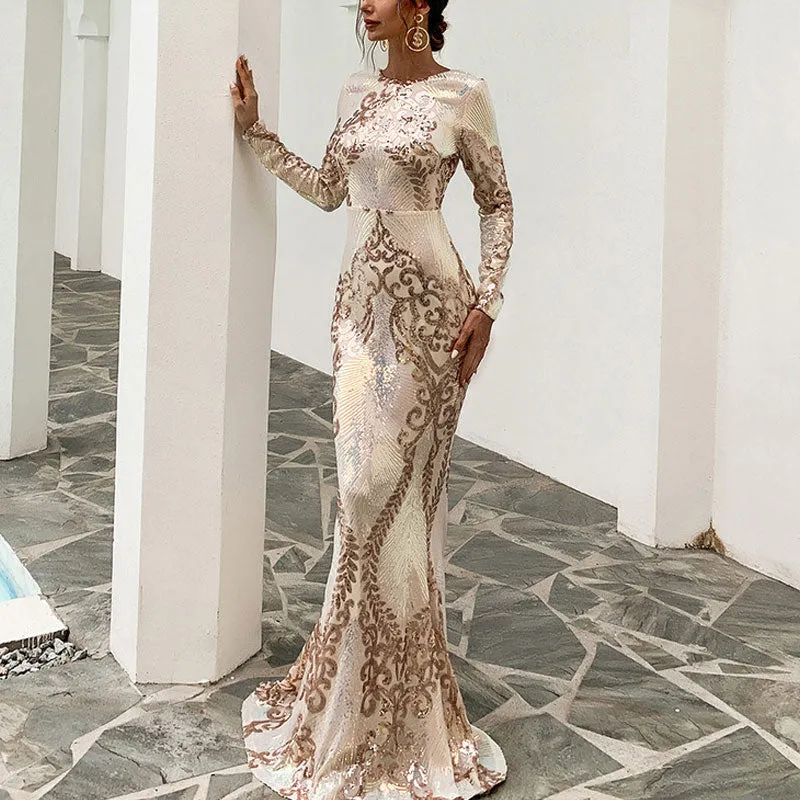Sequins Round Neck Long Sleeve Floor-Length Dress