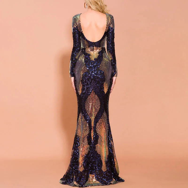 Sequins Round Neck Long Sleeve Floor-Length Dress