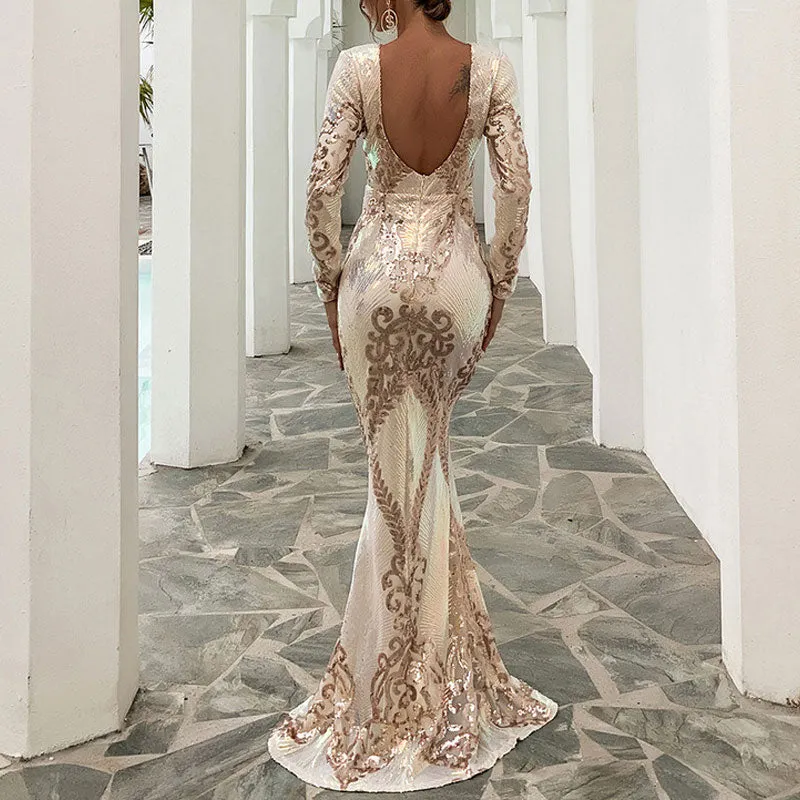 Sequins Round Neck Long Sleeve Floor-Length Dress