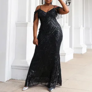 Sequins Sleeveless Tassel Design Floor-Length Evening Dress