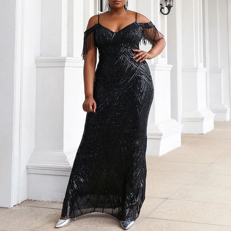 Sequins Sleeveless Tassel Design Floor-Length Evening Dress
