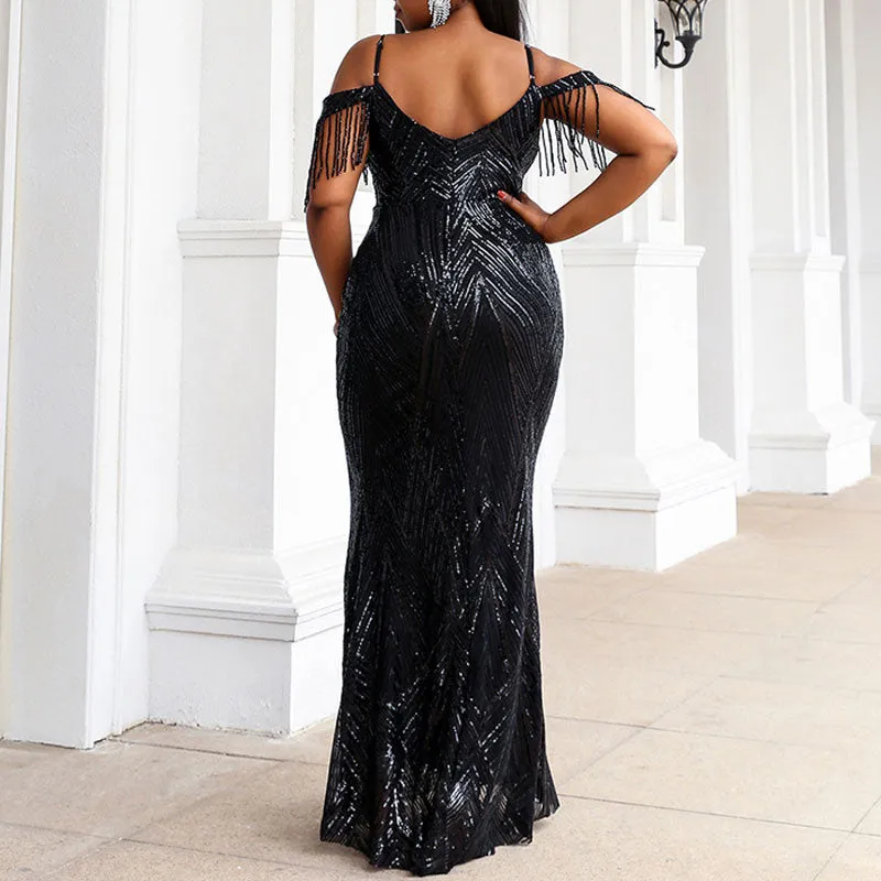 Sequins Sleeveless Tassel Design Floor-Length Evening Dress