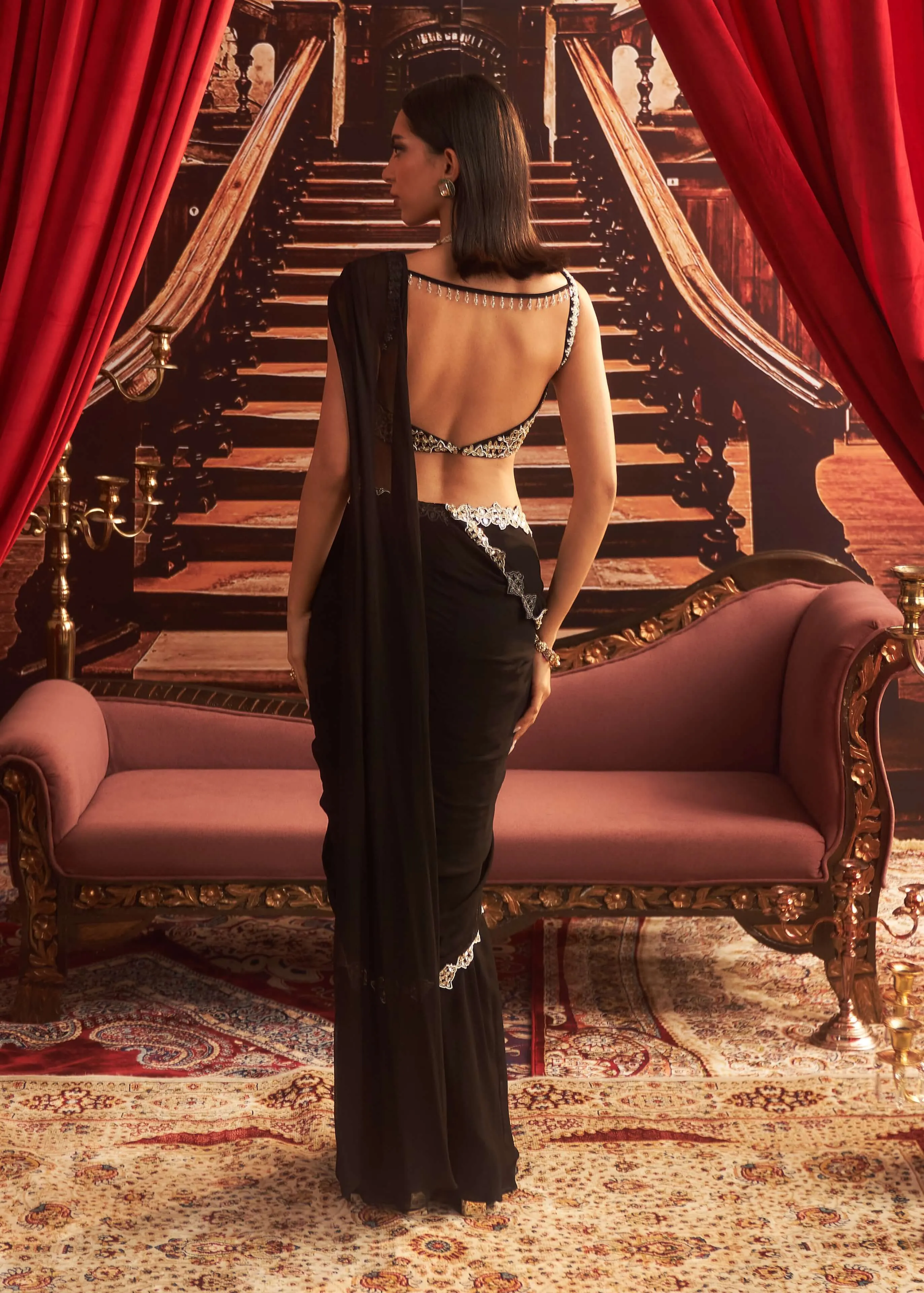 Shantipriya black pre-draped sari and blouse