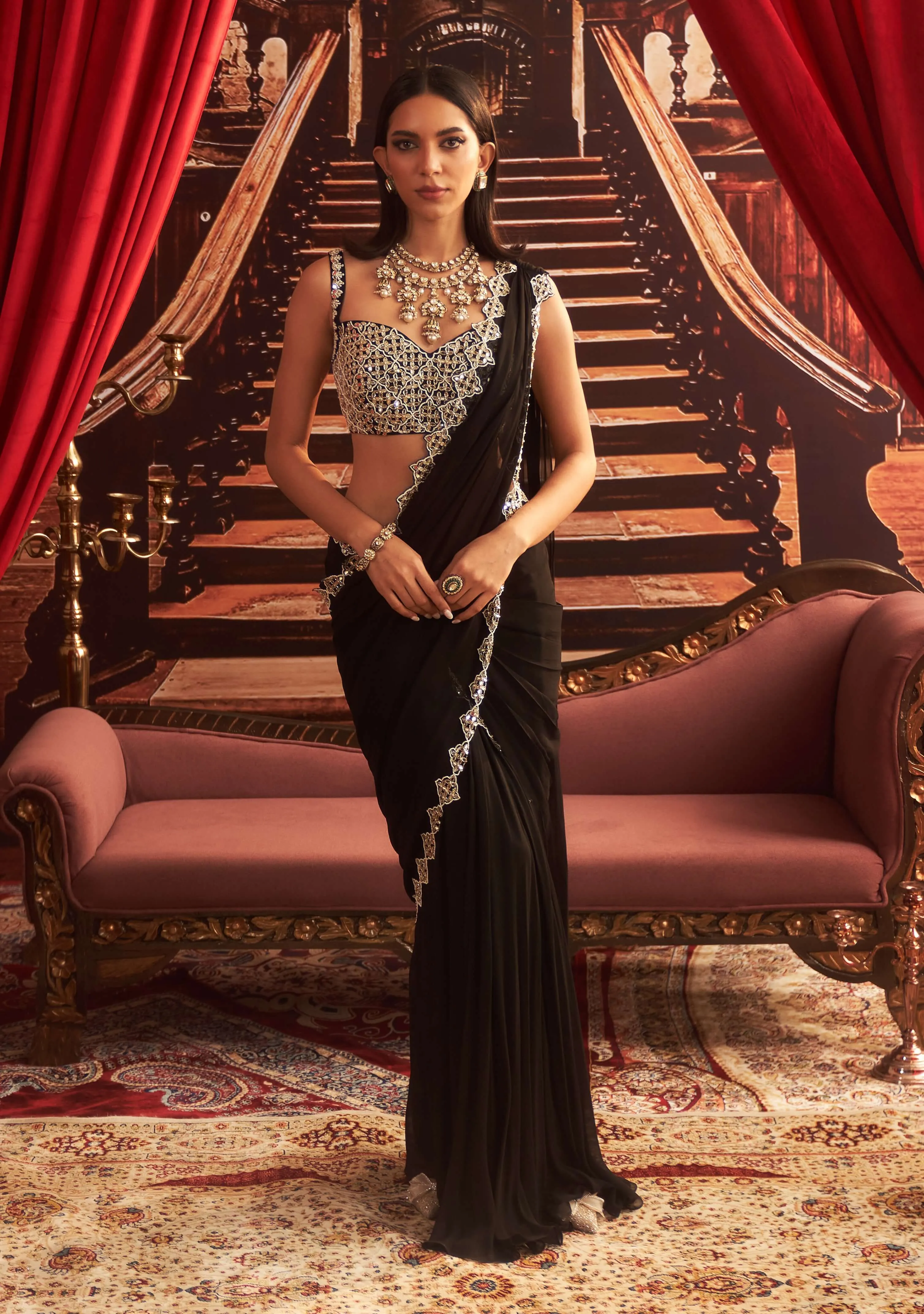 Shantipriya black pre-draped sari and blouse
