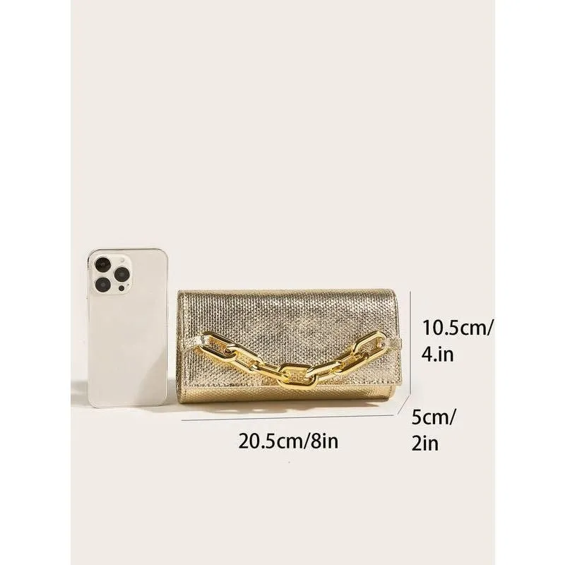 Shiny Metallic Clutch Purse with Chain