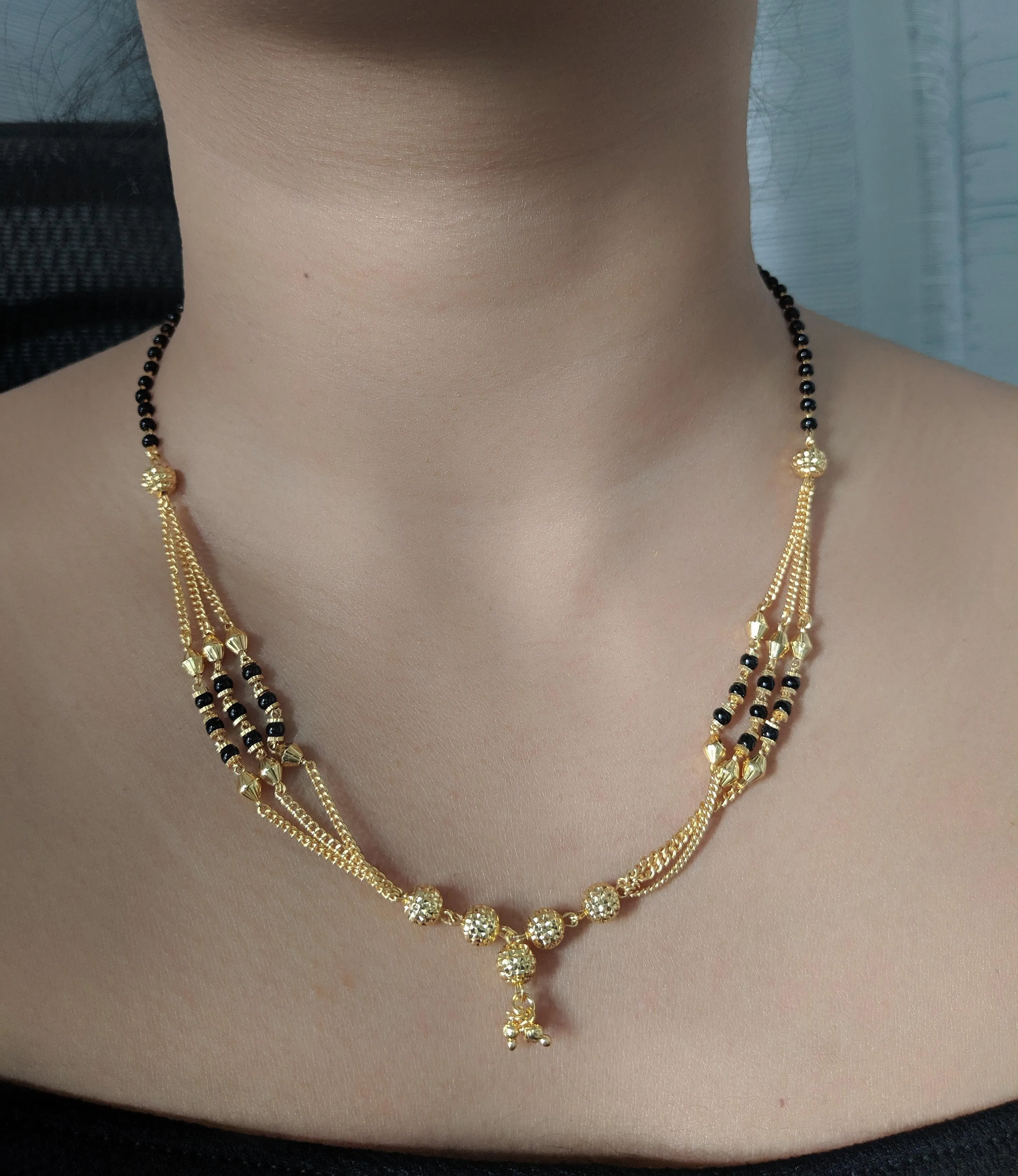 Short Mangalsutra Designs Gold Plated Latest Triple Line Chain Black Beaded Mangalsutra