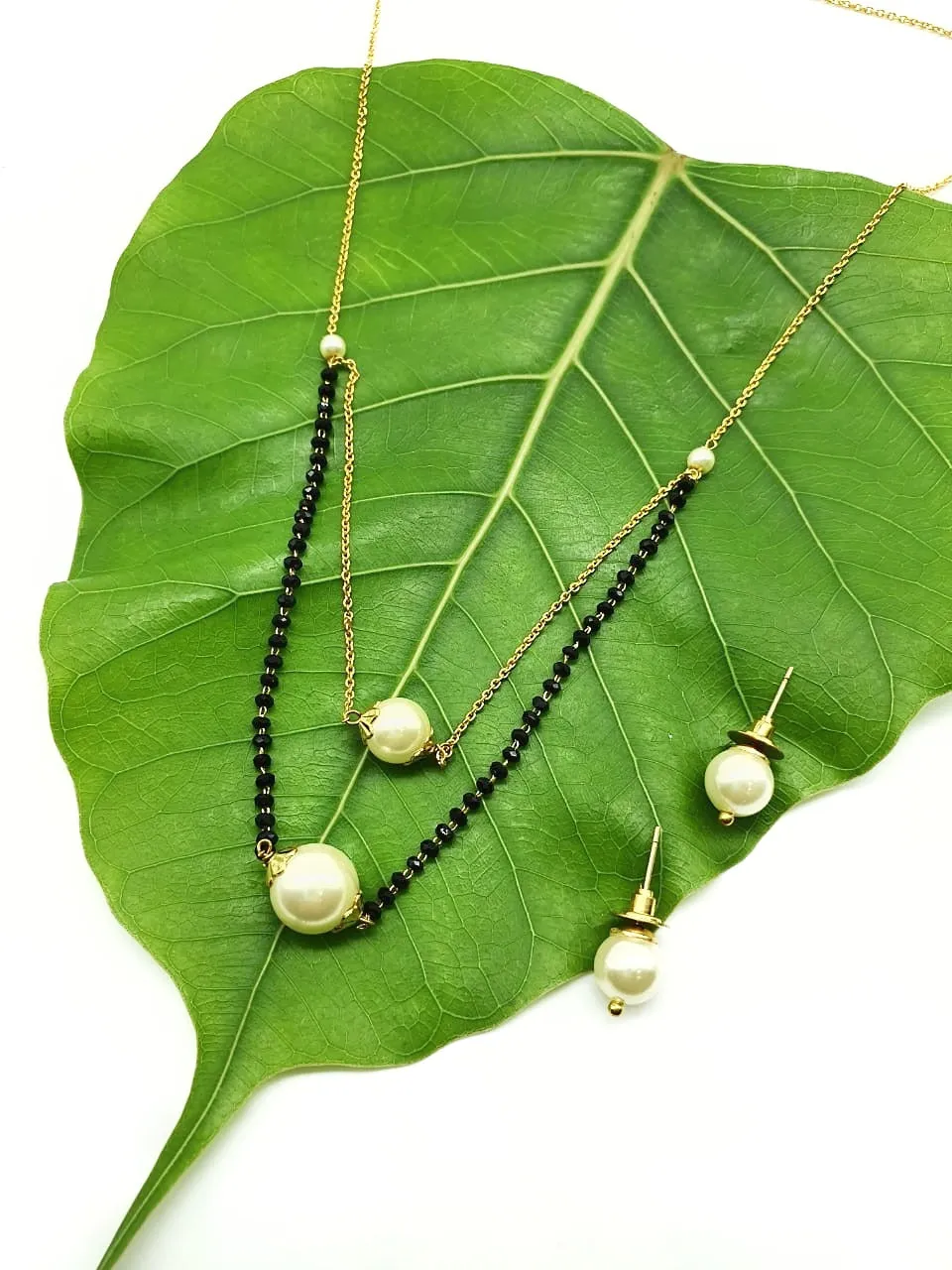 Short Mangalsutra Designs Gold Plated Latest White Pearl 2 Layer Mangalsutra & Earrings