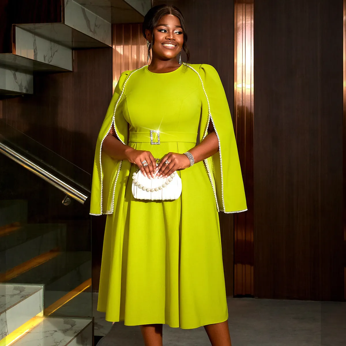 Show-Stopping Cape Sleeve Formal Party Midi Dress with Embellished Details